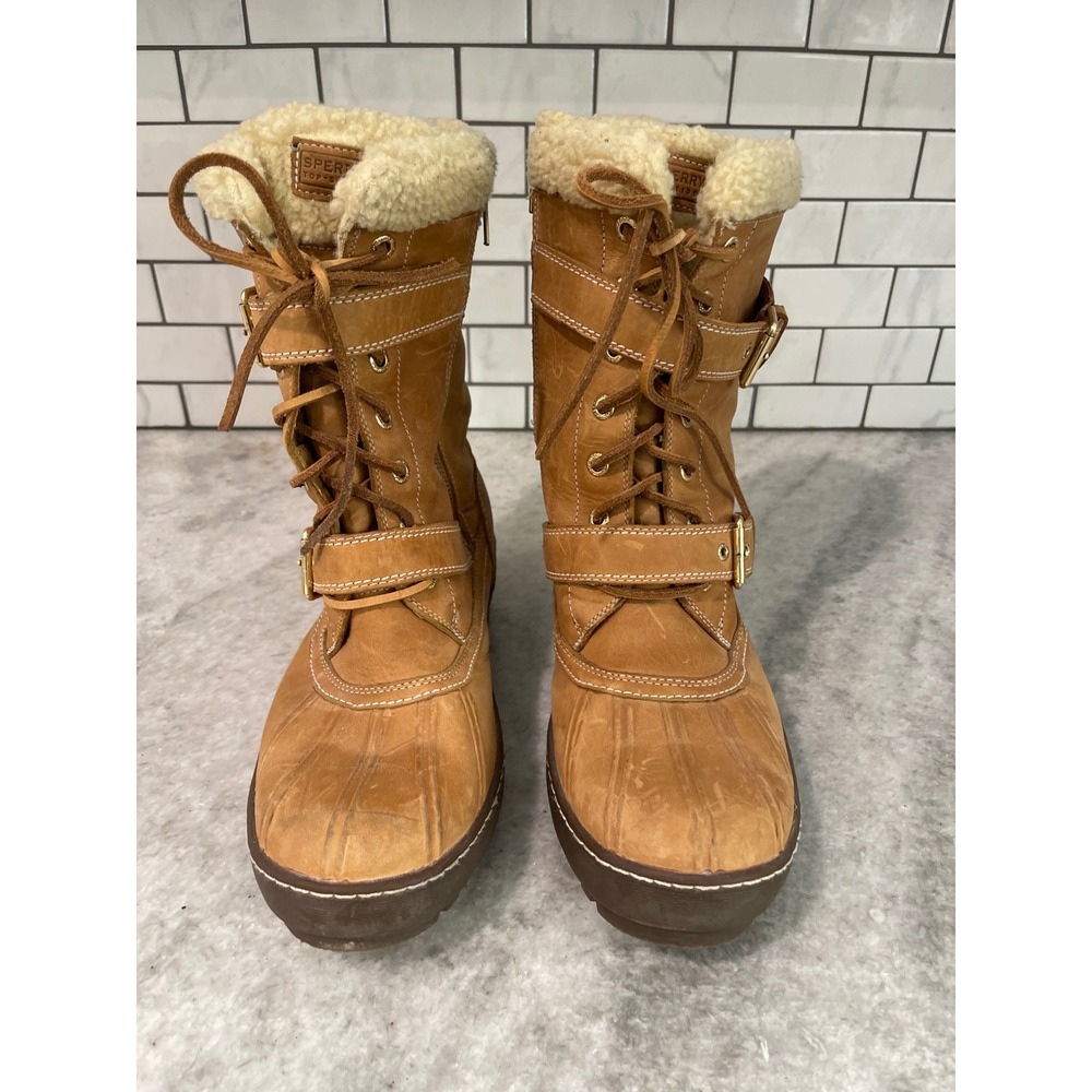 Sperry Boots Womens 11 Tan Leather Shearling Lined Thinsulate Duck Boots Buckle - Picture 2 of 9